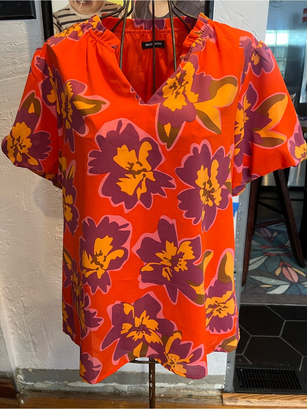 Mascomoda Large Orange Floral Short Sleeve V-Neck Blouse